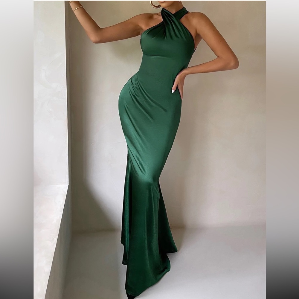 Green satin floor length dress
